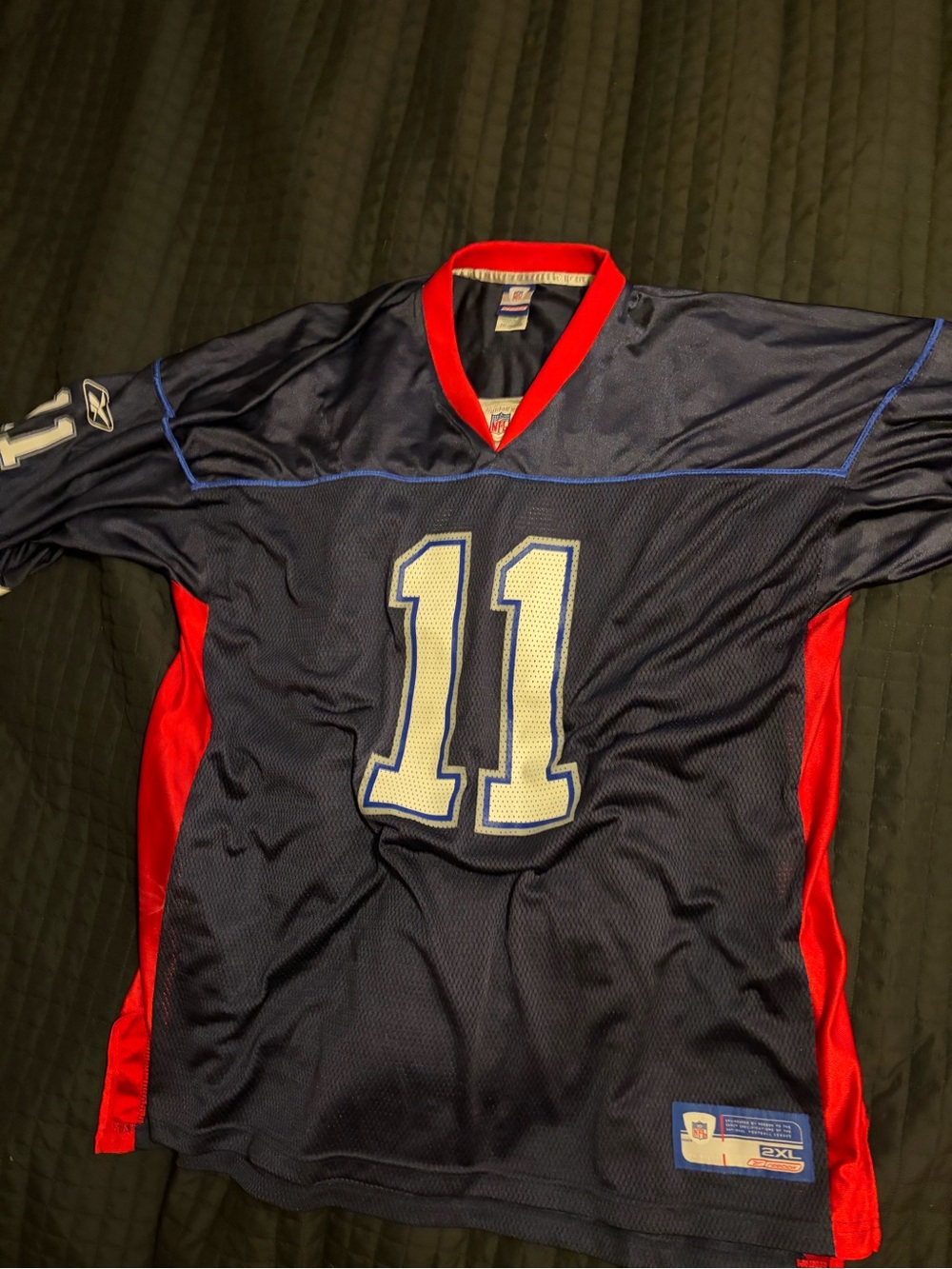 Vintage Reebok Buffalo Bills Men’s Navy and Red Football Jersey - No. 11 Bledsoe